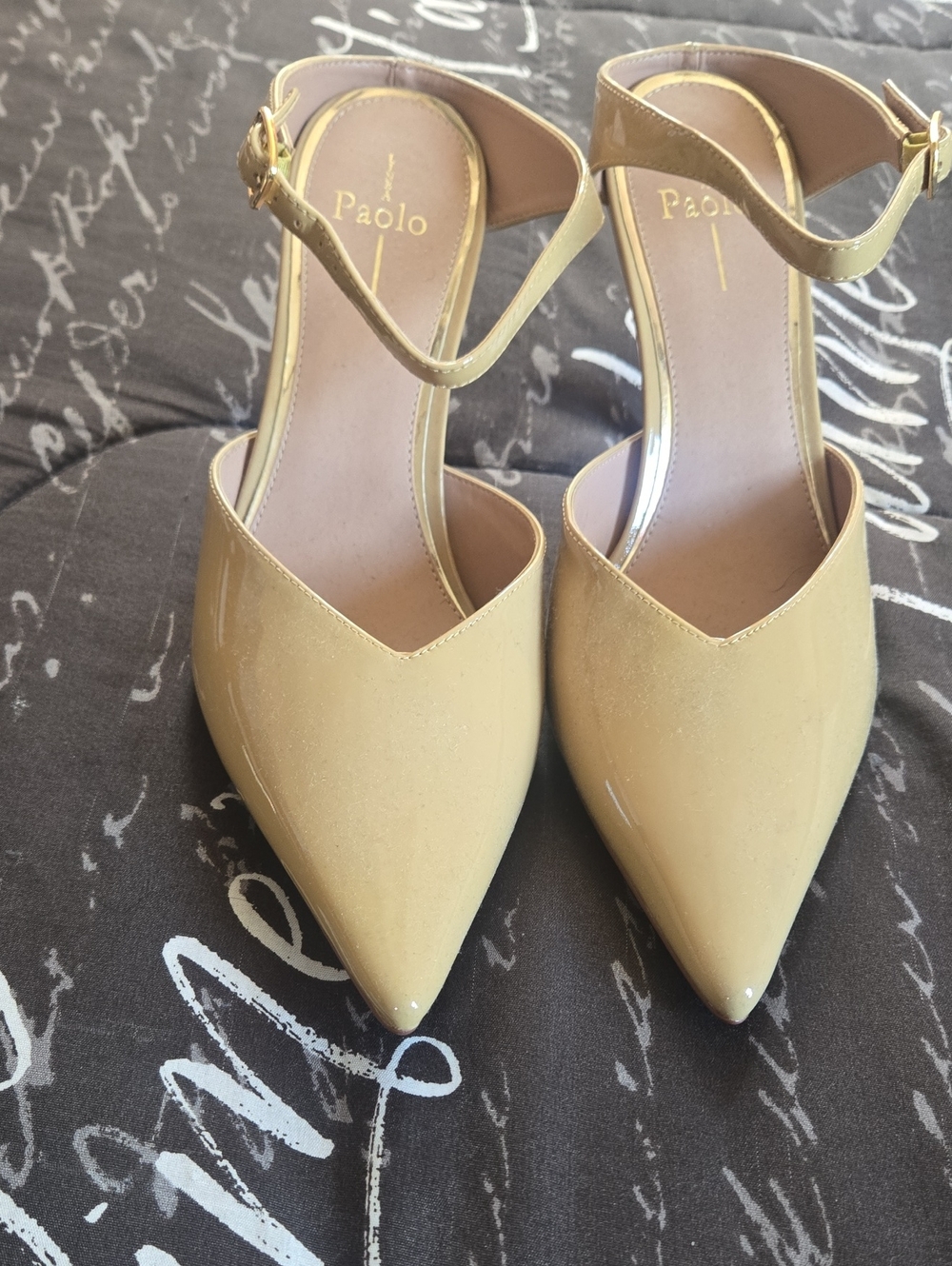 Paolo Patent Pointed-Toe Ankle-Strap Pumps in Beige